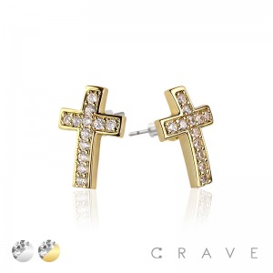 PAIR OF GEM HIP HOP MICROPAVED CROSS STUD STAINLESS STEEL PIN EARRING